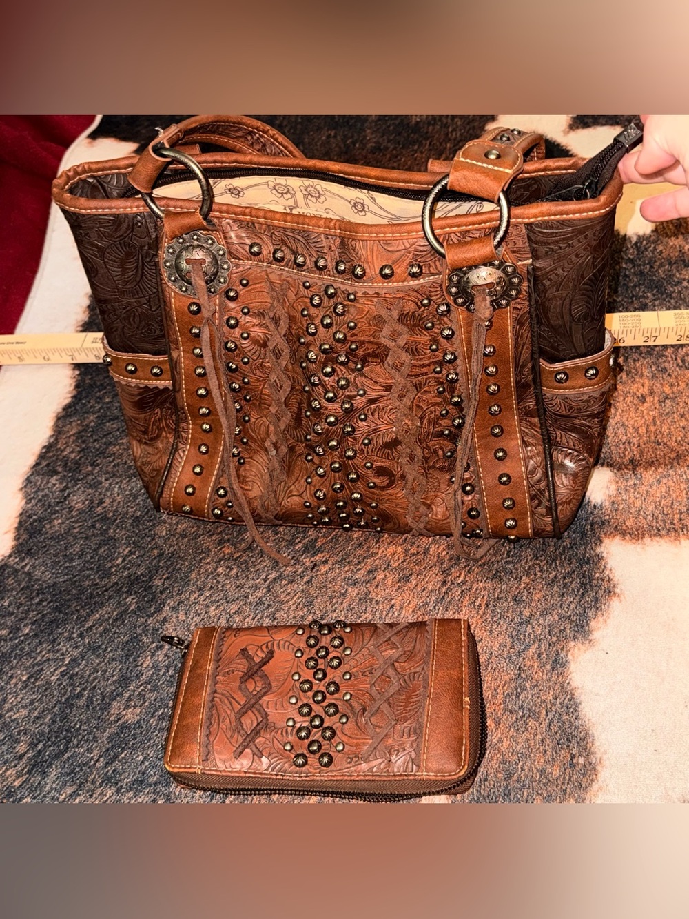 Montana West Brown Tooled Leather Tote with Stud Accents and Matching Wallet